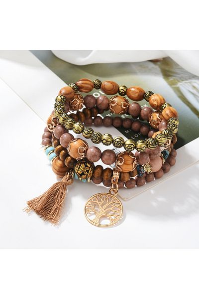 Choice Dark brown 4Pcs Bohemia Tree Of Life Charm Beaded Bracelet Set For Women Handmade Wood Beads Chain B