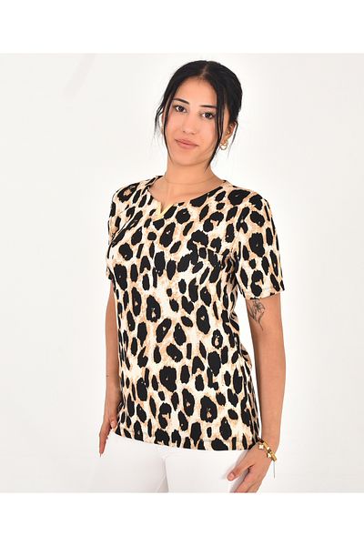 Pollux Bluză de modă pentru femei cu model leopard cu detaliu de accesorii