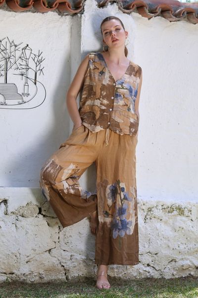 Chiccy Italian Tan V-Neck Sleeveless Patterned Buttoned Pocket Linen Woven Bottom Top Set 58-110 56-75