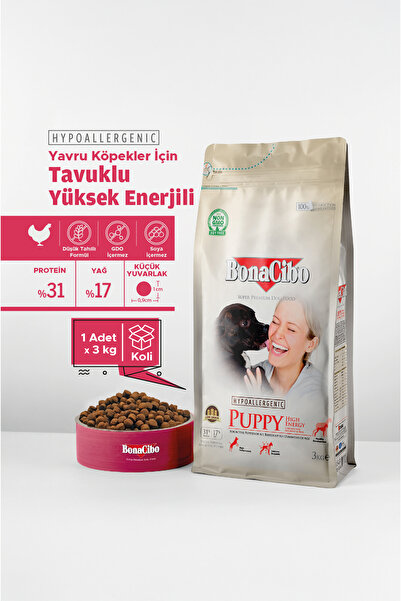BonaCibo Puppy Dog Yüksek Enerjili Yavru Köpek Maması, 3 Kg, Tüm Irklar İçin, Doğal, Şeker İçermez