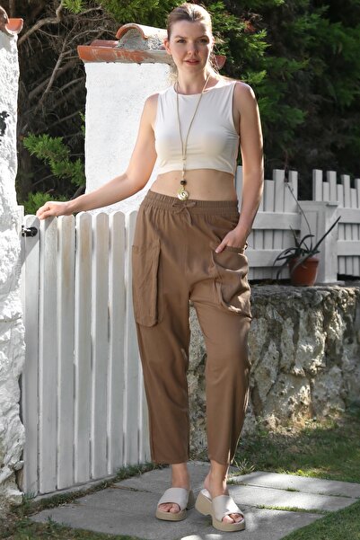 Chiccy Organic Cotton Cinnamon Color Cargo Pocket Elastic and Tie Waist Baggy Woven Trousers 100 65