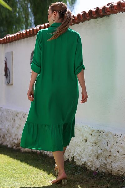 Chiccy Cămașă verde Guler cu nasturi Fusta cu mâneci lungi Broderie cu volane Rochie casual țesută 120 65