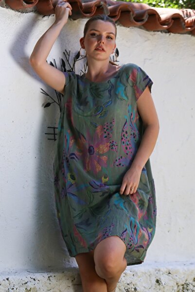 Chiccy Italian Khaki Boat Neck Low Sleeve Floral Casual Linen Woven Dress with Hidden Pocket 100 65