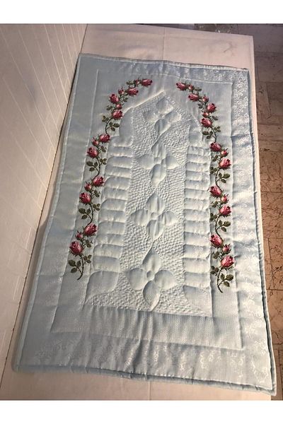 Vinezza Home Collection Pink Flower Motif Machine Embroidery Blue Etamine Fabric Single Prayer Rug