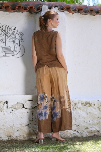 Chiccy Italian Tan V-Neck Sleeveless Patterned Buttoned Pocket Linen Woven Bottom Top Set 58-110 56-75