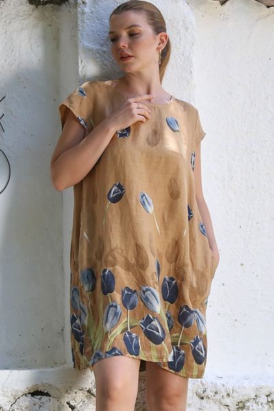 Chiccy Italian Mustard Boat Neck Low Sleeve Floral Hidden Pocket Casual Linen Woven Dress 100 65