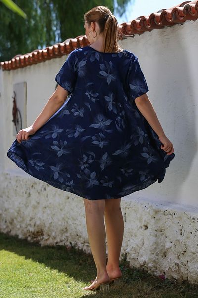Chiccy Italian Navy Blue Pool Collar Short Sleeve Floral Casual Oversize Woven Dress 110 70