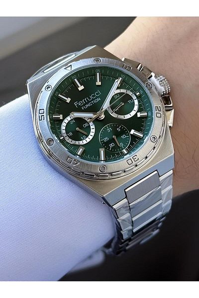 Ferrucci Function Men's Wrist Watch – Green Chronograph Dial, Calendar, Silver Metal Band