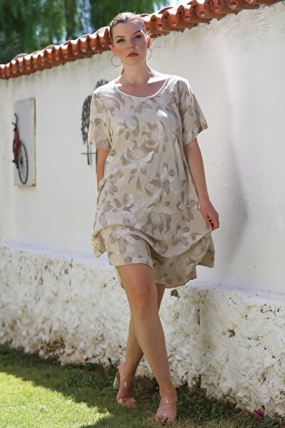 Chiccy Ιταλικό μπεζ γιακά πισίνας κοντομάνικο φλοράλ casual oversize υφαντό φόρεμα 110 70