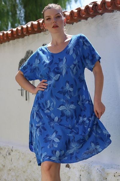 Chiccy Italian Saks Blue Pool Guler cu mânecă scurtă Floral Casual Rochie oversize țesută 110 70