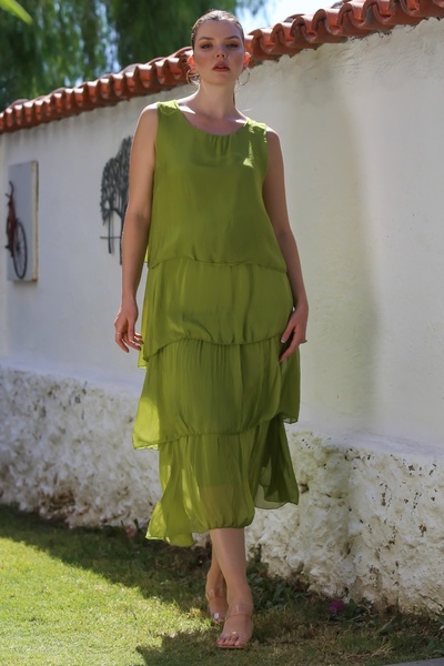 Chiccy Italian Pistachio Green Pool Collar Sleeveless Lined Layered Casual Silk Woven Dress 125 55