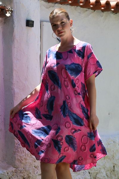 Chiccy Italian Fuchsia Pool Collar Short Sleeve Allover Printed Casual Oversize Woven Dress 110 75