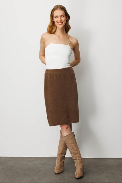 Desen Triko Women's Knitwear Short Skirt Brown