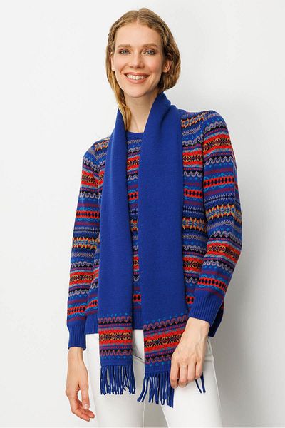 Desen Triko Women's Wool Kaşkol with Jacquard Tassels on the Edges K.S.Blue