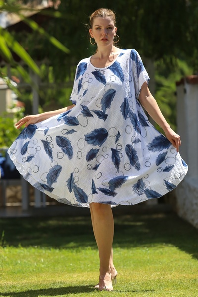 Chiccy Ιταλικό λευκό γιακά πισίνας κοντό μανίκι Allover εμπριμέ casual oversize υφαντό φόρεμα 110 75