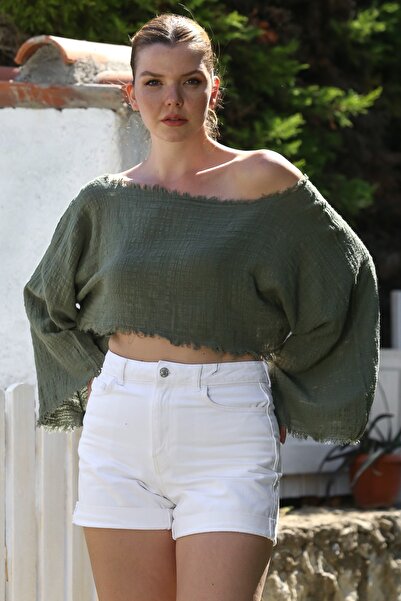 Chiccy Organic Cotton Khaki Boat Neck Flounced Sleeve Washed Dirty Stitched Casual Muslin Crop Woven Blouse 38 80