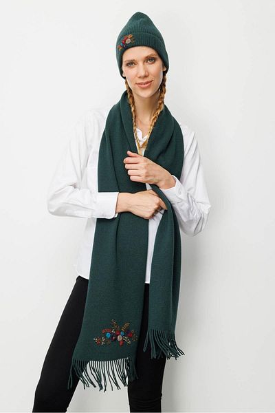 Desen Triko Women's Single Side Rococo Embroidery Embroidered Wool Kaşkol Green