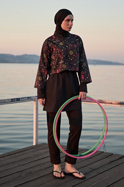 Ladima Kadın Tesettür Neon Geometri Baskılı Tam Kapalı 3 Parça Mayo Takımı