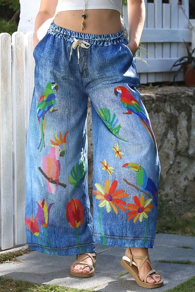 Chiccy Pantaloni țesuți cu picioare largi, cu talie elastică și legată, cu imprimeu digital, albastru Jean italian 105 65