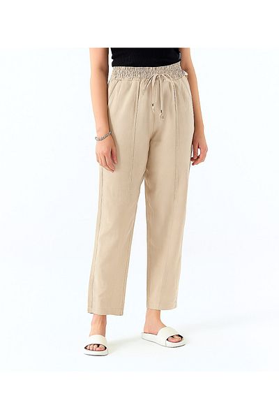 My Blog Beige Elastic Waist Front Stitched Trousers - 51172