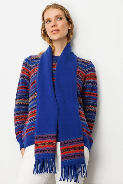 Desen Triko Women's Wool Kaşkol with Jacquard Tassels on the Edges K.S.Blue