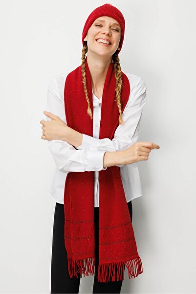 Desen Triko Kadın Simli Jakarlı Püsküllü Yün Kaşkol K.Kırmızı