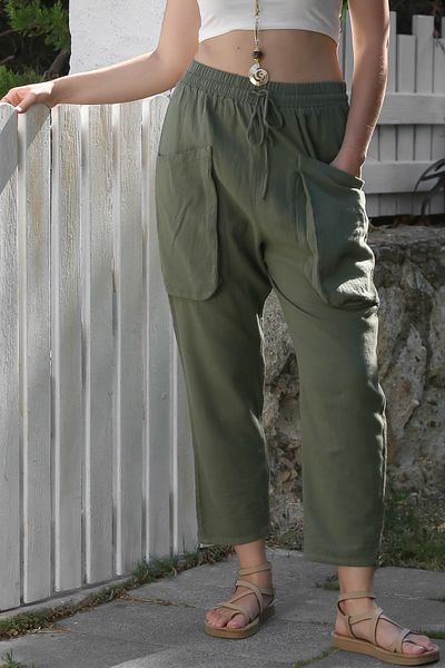 Chiccy Organic Cotton Khaki Cargo Pocket Elastic and Tie Waist Baggy Casual Woven Trousers 100 65