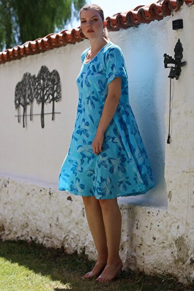Chiccy Italian Turquoise Pool Collar Short Sleeve Floral Casual Oversize Woven Dress 110 70