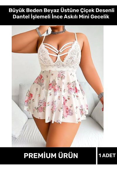 VARESSA Special Design Model Large Size Flower Pattern Lace Detail Sexy Slit Thin Strap Nightdress