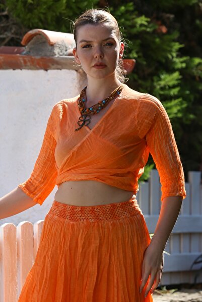 Chiccy Organic Cotton Orange Double Breasted Collar 3/4 Sleeve Tie Washed Casual Crop Woven Blouse 40 60