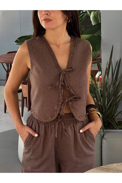 Coral Lace-Up Vest Stone Suit Brown