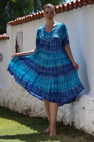 Chiccy Navy Blue-Pool Collar Short Sleeve Tie-Dye Embroidered Casual Woven Dress 105 70