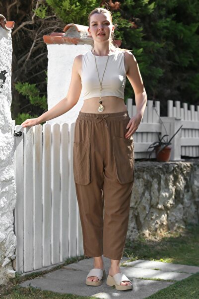 Chiccy Organic Cotton Cinnamon Color Cargo Pocket Elastic and Tie Waist Baggy Woven Trousers 100 65