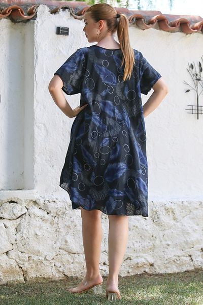 Chiccy Italian Navy Blue Pool Collar Short Sleeve Allover Printed Casual Woven Dress 110 75
