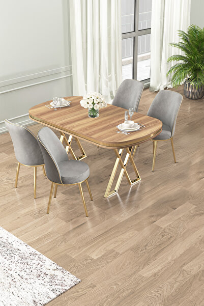 Canisa Lai Serisi 90x168 Lak Panel Hazar Masa ve 4 Gri Sandalye Gold Kaplama ...