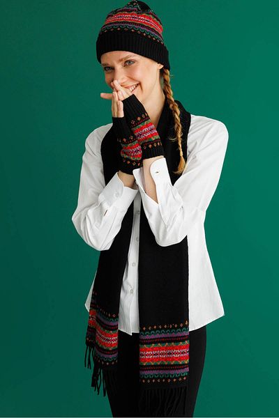 Desen Triko Women's Wool Kaşkol with Jacquard Tassels on the Edges Black