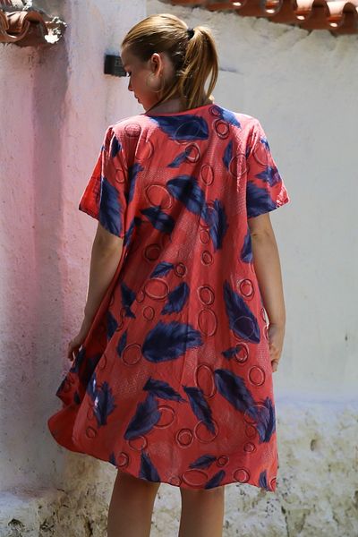 Chiccy Italian Pomegranate Pool Collar Short Sleeve Allover Printed Casual Oversize Woven Dress 110 75
