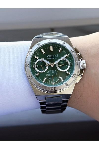 Ferrucci Function Men's Wrist Watch – Green Chronograph Dial, Calendar, Silver Metal Band