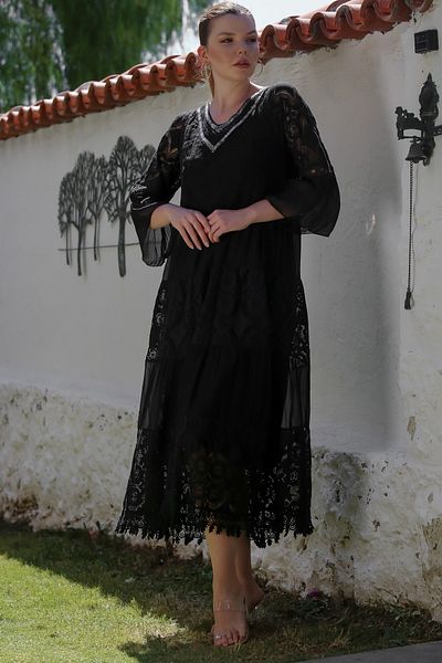 Chiccy Rochie italiană neagră, cu decolteu în V, mâneci cu volane, căptușită cu paiete, cu paiete, rochie țesută din mătase 128 55