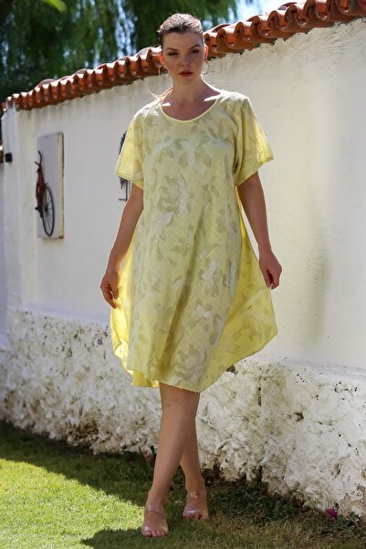 Chiccy İtalyan Açık Limon Havuz Yaka Kısa Kol Çiçekli Casual Oversize Dokuma Elbise 110 70