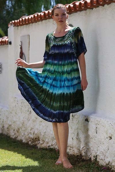 Chiccy Rochie casual țesută cu mânecă scurtă cu decolteu de piscină albastru-verde 105 70