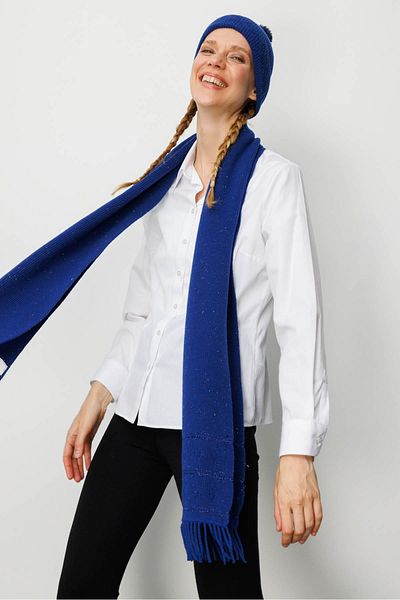 Desen Triko Women's Glitter Jacquard Tasseled Wool Kaşkol K.S.Blue