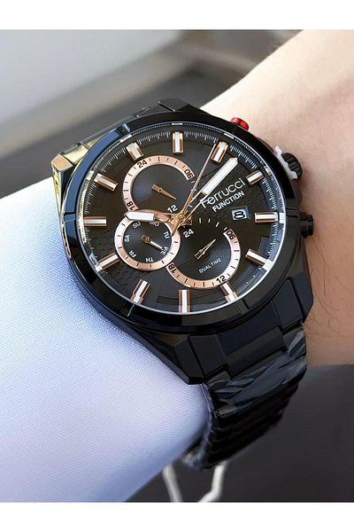Ferrucci Function Men's Wristwatch – Black Case, Rose Detailed Multi-Display Dial, Metal K with Calendar