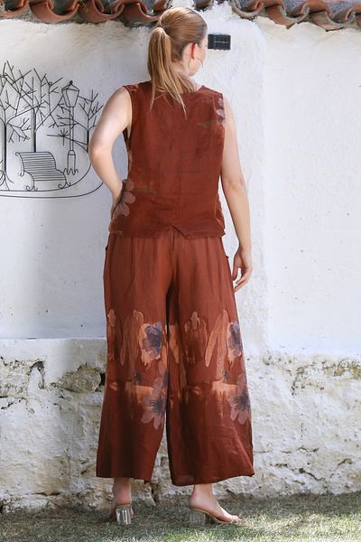Chiccy Italian Mink V-Neck Sleeveless Patterned Buttoned Pocket Linen Woven Bottom Top Suit 58-111 56-76