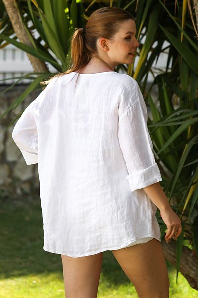 Chiccy Italian White Pool Collar 3/4 Sleeve Button Pocket Casual Linen Asymmetric Woven Blouse 75 66