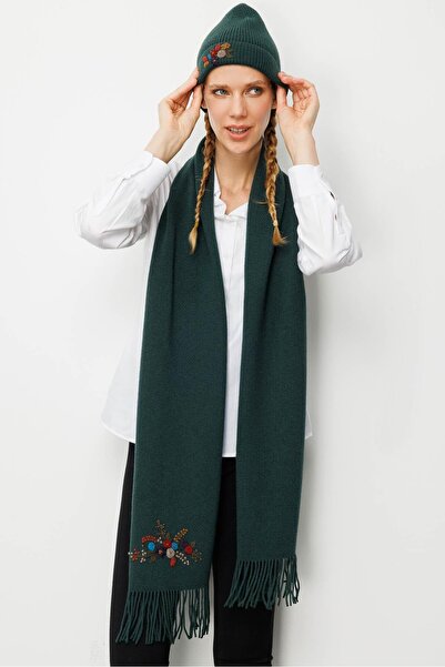 Desen Triko Women's Single Side Rococo Embroidery Embroidered Wool Kaşkol Green