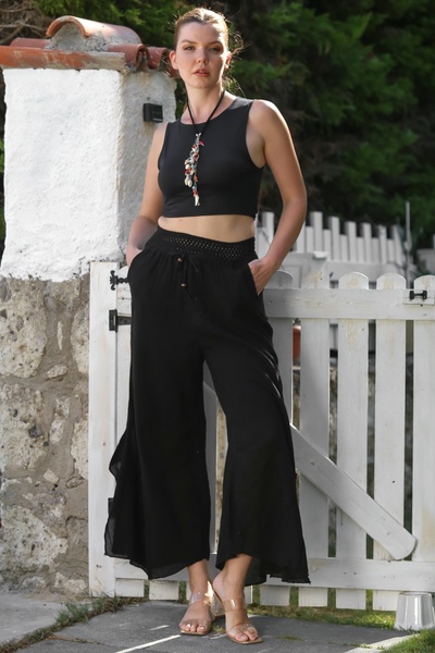 Chiccy Black Pocket Lined Elastic and Tie Waist Wide Leg Casual Woven Trousers 105 65