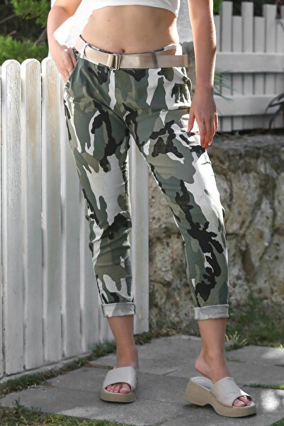 Chiccy Italian Camouflage Khaki Pocket Belt Elastic Waist Narrow Leg Casual Woven Trousers 100 65