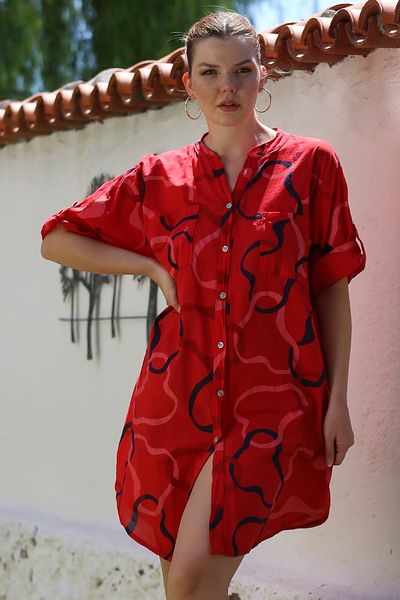 Chiccy Italian Red Judge Collar Buttoned 3/4 Sleeve Pocket Allover Printed Casual Woven Dress 96 63