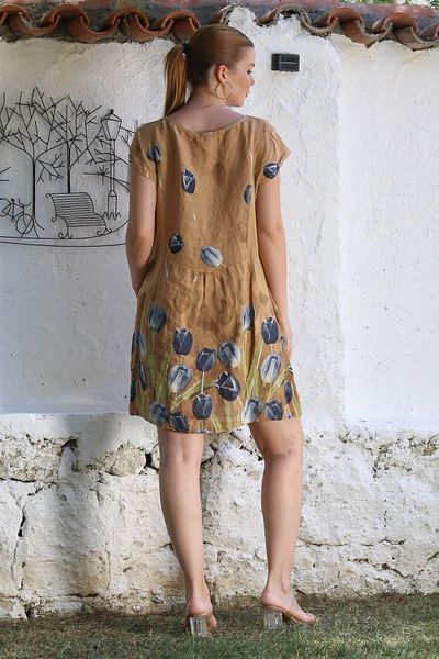 Chiccy Italian Mustard Boat Neck Low Sleeve Floral Hidden Pocket Casual Linen Woven Dress 100 65